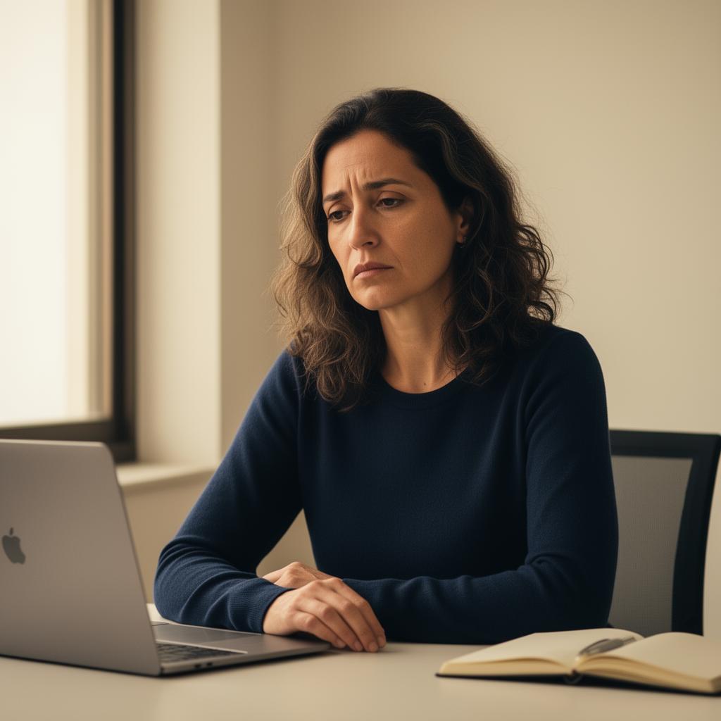 Mulher empreendedora pensativa em seu escritório